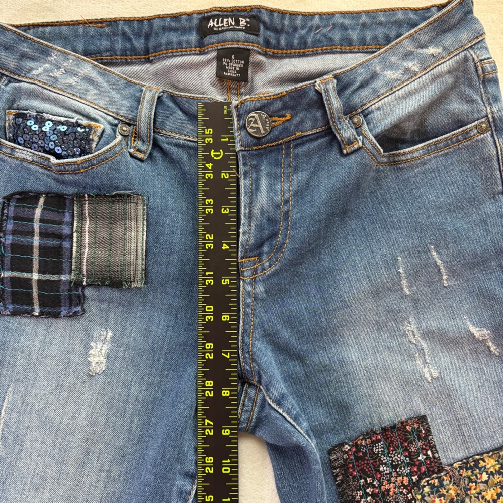 Allen B. Patchwork Flare Jeans Women 6 Blue Sequin Distressed Boho Denim - Picture 6 of 10
